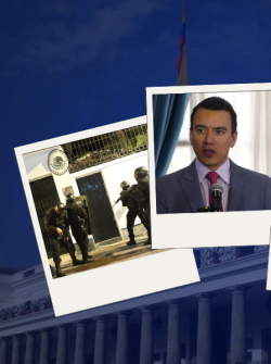Tres fotografías: Incursión de la policía en la Embajada de México en Quito, Daniel Noboa y una foto referencial de apagones.