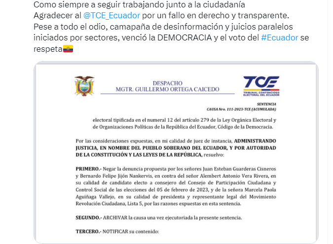 El TCE archiva denuncia de infracción electoral en contra de Marcela Aguiñaga y Alembert Vera