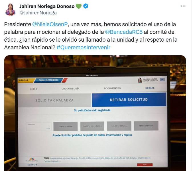 Publicación de la asambleísta de la RC, Jahiren Noriega.