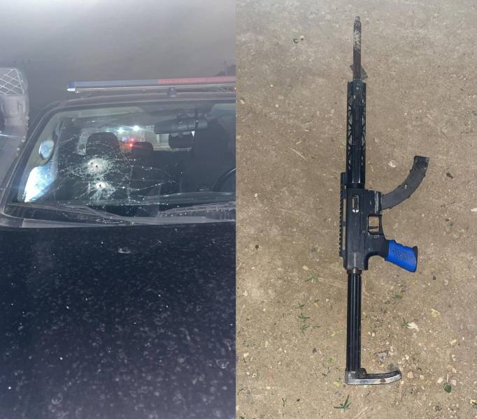 Imagen de un patrullero baleado y el arma usado para el crimen.