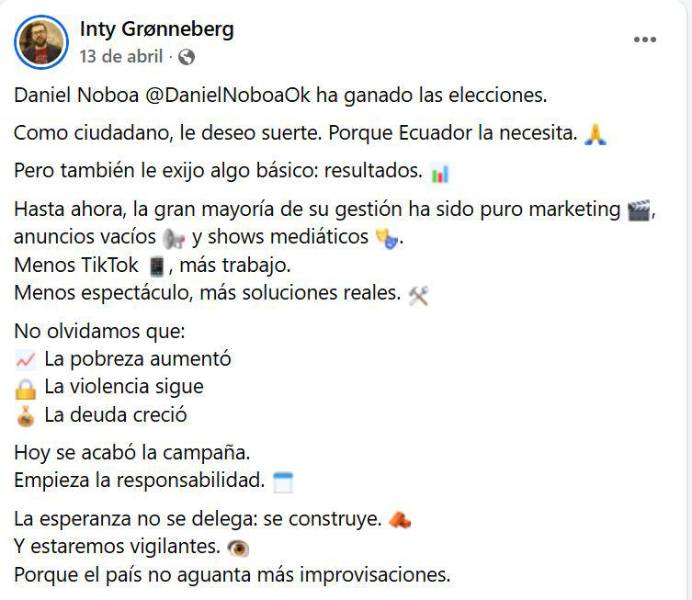 Publicación de Inty Gronneberg en su Facebook.