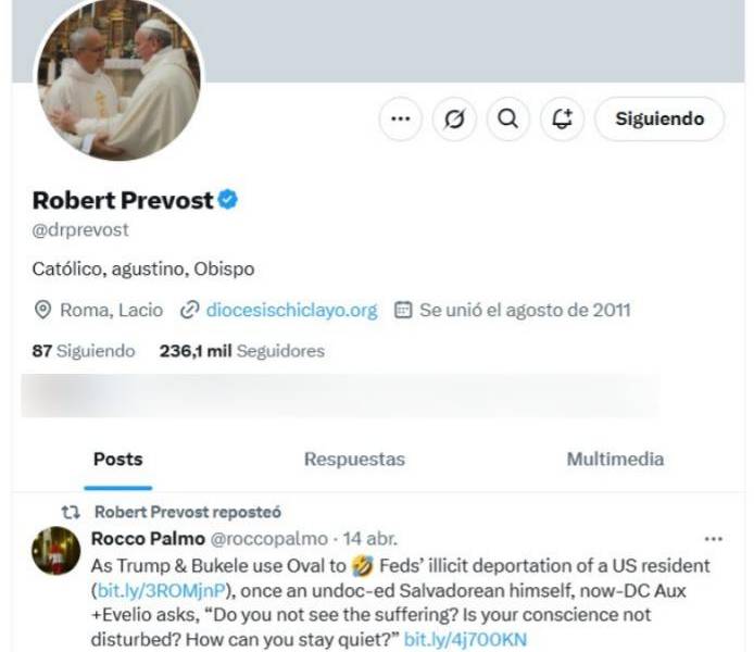 Imagen de un tuit del cardenal Robert Prevost sobre Donald Trump y Nayib Bukele.