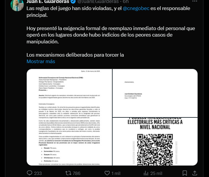 El exconsejero Juan Esteban Guarderas solicita la remoción inmediata de delegados del Consejo Nacional Electoral