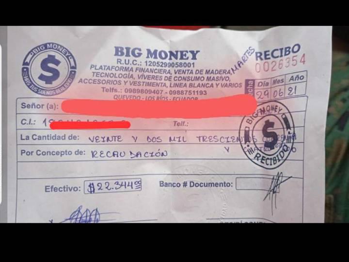 Imagen de un recibo de Big Money encontrado en un allanamiento en Quevedo.