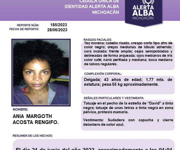 La alerta Alba emitida por la Fiscalía General del Estado de Michoacán.
