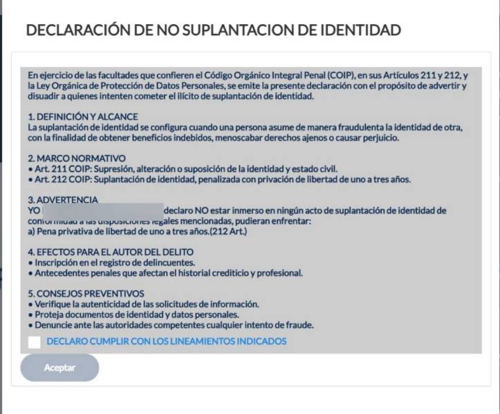 Imagen de una Declaratoria de No Suplantación de Identidad para el Bono Incentivo Emprende.