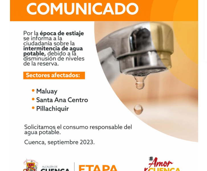 Comunicado de Etapa EP sobre intermitencias en el servicio de agua potable.