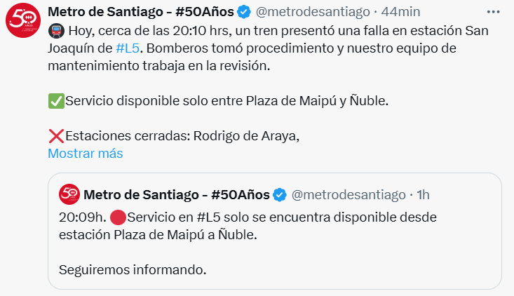 Comunicado del metro de Santiago.