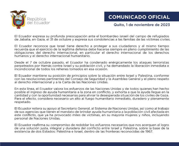 Cancillería de Ecuador expresa su preocupación por el bombardeo de Israel al campo de refugiados palestinos de Jabalia en Gaza