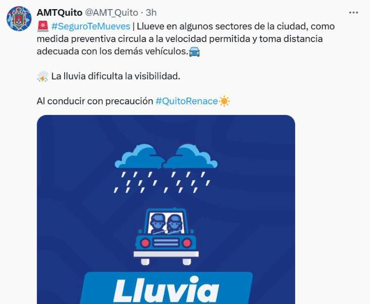 Publicación de la AMT por las lluvias en Quito.