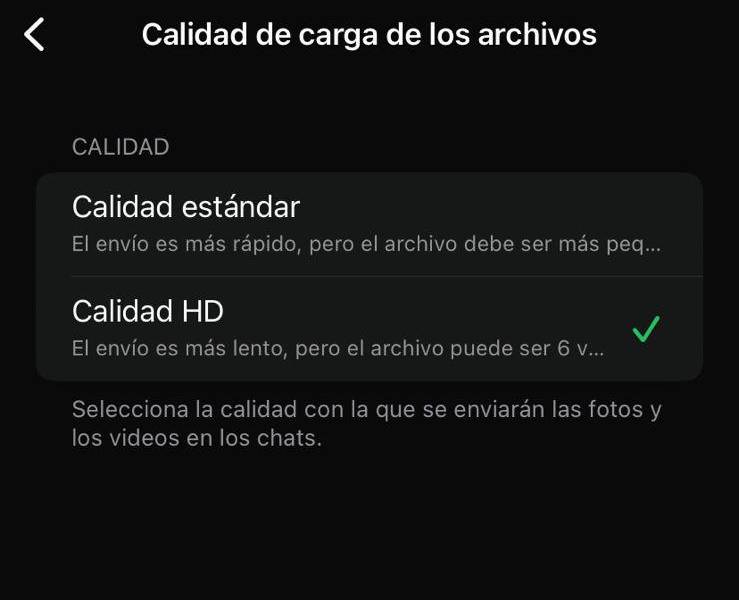 Apartado de calidad de carga de los archivos en WhatsApp.