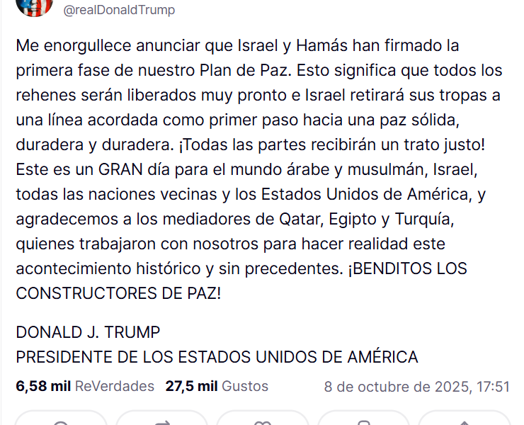Donald Trump anuncia que Israel y Hamás firmaron la primera fase del plan de paz para Gaza.