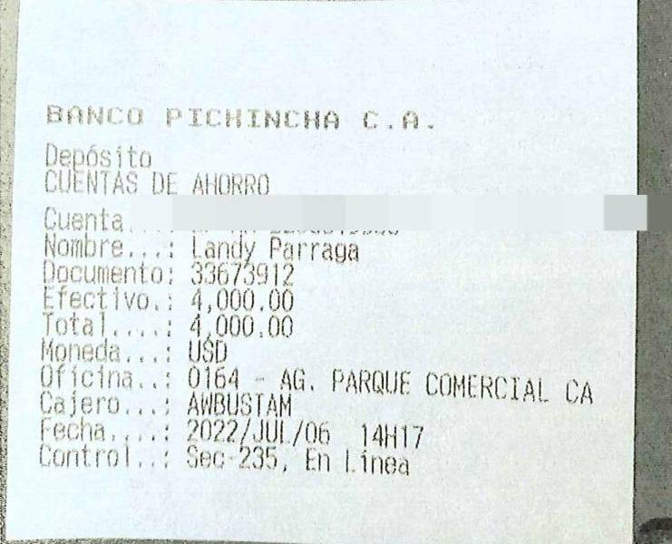 Imagen de un comprobante de pago realizado a Landy Párraga.