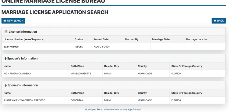 Documento de la licencia de matrimonio difundida por People.