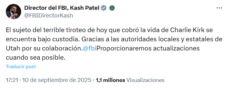 Detienen al autor del atentado en contra de Charlie Kirk.