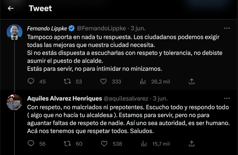 El alcalde de Guayaquil, Aquiles Álvarez, respondiendo a varios usuarios en la red social Twitter