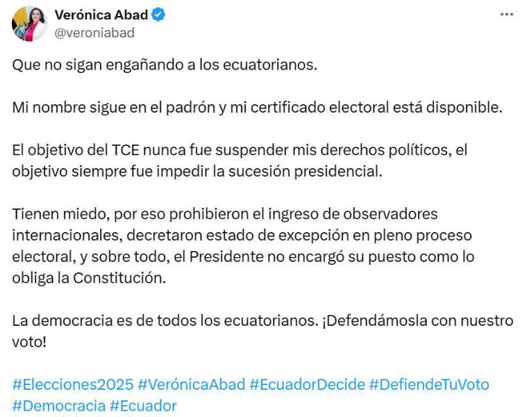Publicación de Verónica Abad en la red social X el 13 de abril de 2025.