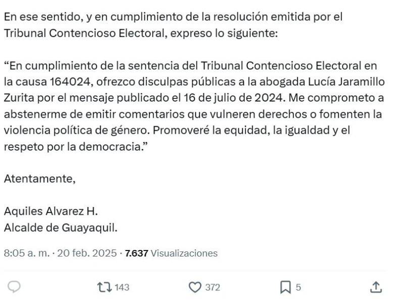 (3/3) Imagen de la publicación en X donde Aquiles Álvarez ofrece disculpas públicas a Lucía Jaramillo, en cumplimiento de una sentencia por violencia política de género.