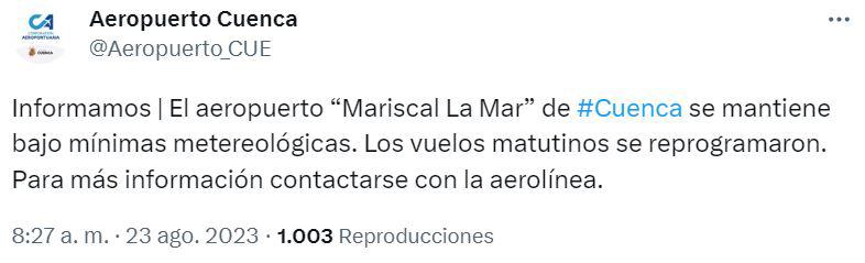 Cuenca: los vuelos matutinos a la ciudad se reprogramaron por el mal clima