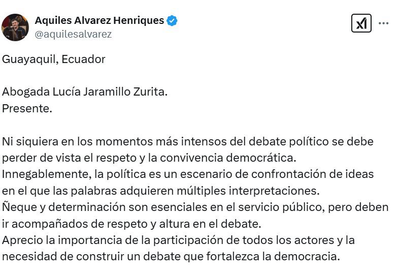 (1/3) Imagen de la publicación en X donde Aquiles Álvarez ofrece disculpas públicas a Lucía Jaramillo, en cumplimiento de una sentencia por violencia política de género.