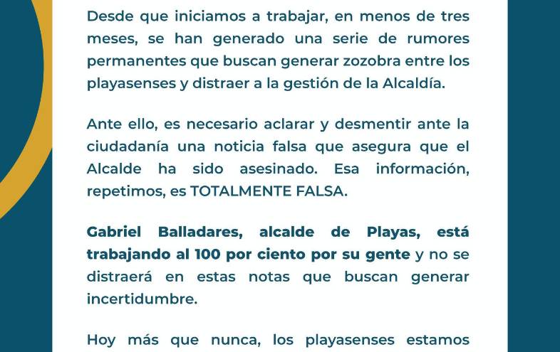 Gabriel Balladares, alcalde de Playas, desmiente su asesinato