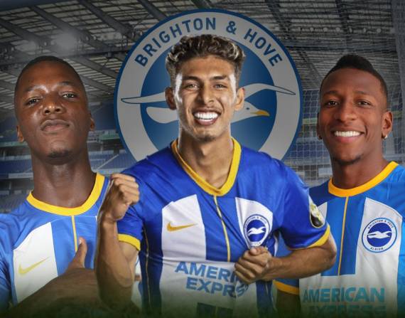 Moisés Caicedo, Jeremy Sarmiento y Pervis Estupiñán, jugadores del Brighton &amp; Hove Albion Football Club.