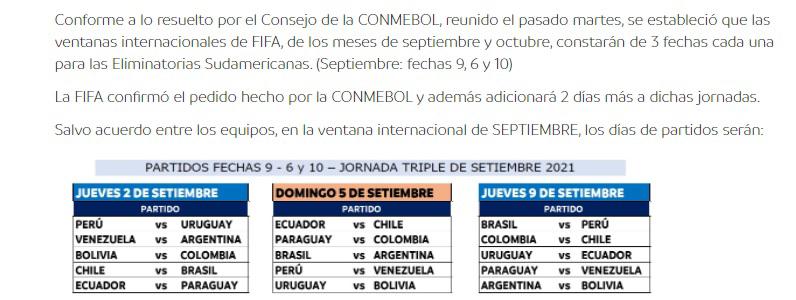 Conmebol confirma las fechas para los partidos de eliminatorias de septiembre