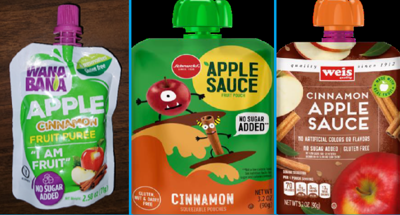 Imágenes de productos de puré de manzana y canela de las marcas WanaBana, Schnucks y Weis.