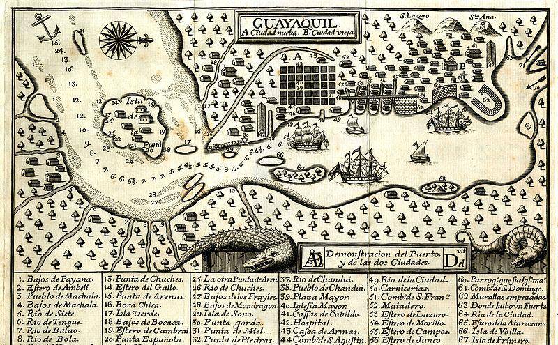 Imagen del mapa de Guayaquil de 1740, elaborado por Paulus Minguet.