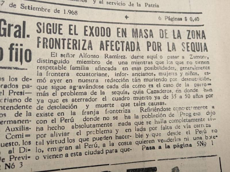 Información publicada por medios de comunicación locales sobre la sequía en Loja, en 1968.