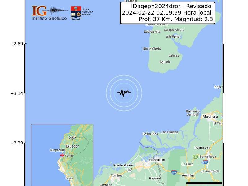 Imagen de un sismo frente a las costas de Huaquillas, El Oro, la madrugada de este 22 de febrero de 2024.