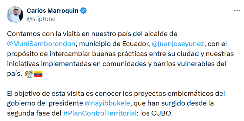Carlos Marroquín, titular de la Dirección de Reconstrucción del Tejido Social de El Salvador, anunció que se había reunido con Yúnez.