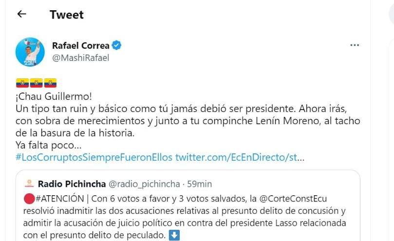 Tuit de Rafael Correa, que un día antes tuvo que borrar cuando se anticipó a la decisión de la Corte.