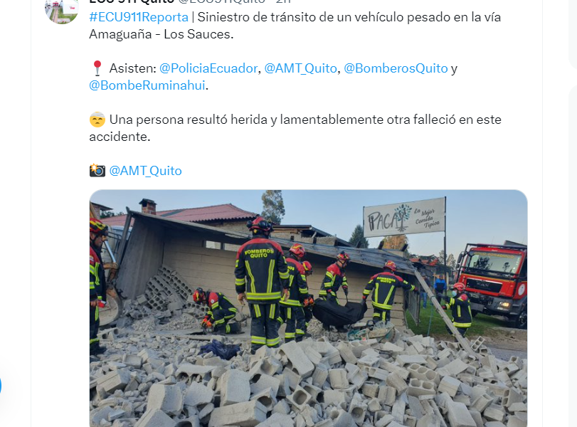 Quito: una mujer murió aplastada por el material que cayó de un camión en la vía a Amaguaña