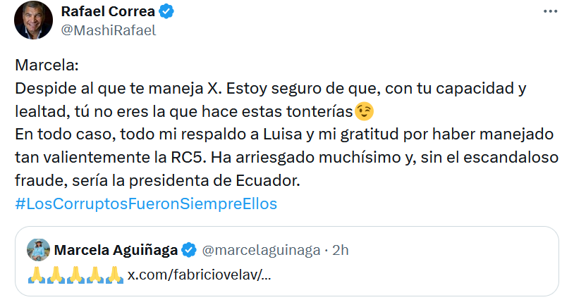 El expresidente de la República y líder máximo de la RC, Rafael Correa, cargó contra Aguiñaga.