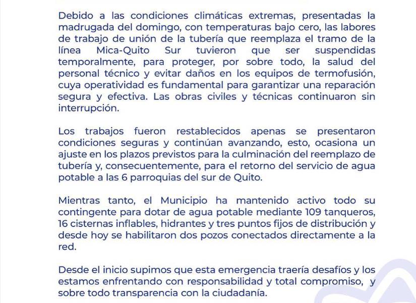 Cortes de agua en Quito: los trabajos para el reemplazo de la tubería fueron suspendidos temporalmente y ya se reactivaron