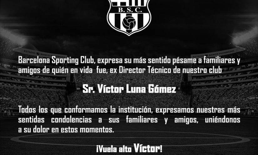 Comunicado de Barcelona SC sobre el deceso del entrenador Víctor Luna