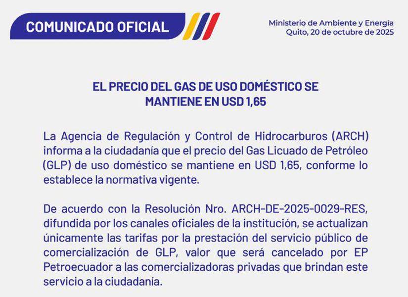 Comunicado sobre el precio del Gas Licuado de Petróleo de uso doméstico.