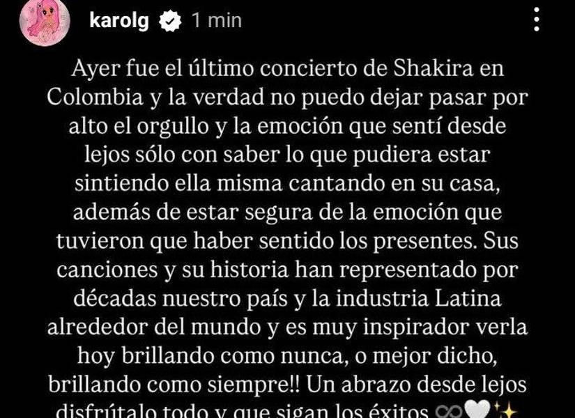 Mensaje de Karol G apoyando a Shakira en su concierto en Medellín.