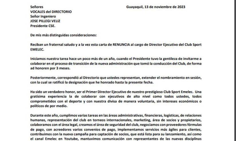 Directivo de Emelec, que anunció la salida de Miller Bolaños y Bryan Angulo, presentó su renuncia