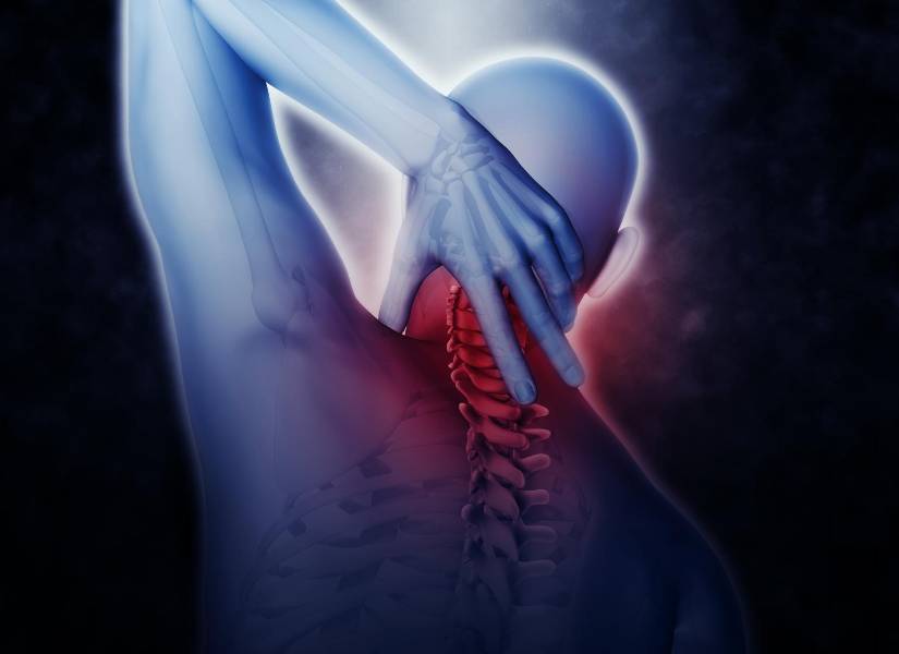 3D imagen de un hombre con dolor en el cuello.