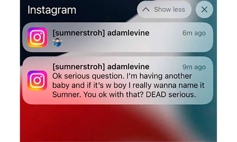Uno de los chats compartidos por la modelo Sumner, donde el vocalista de Maroon Five le consulta si podría ponerle a su hijo 'Sumner'.