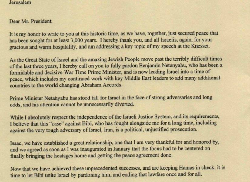 Carta de Donald Trump presidente de Estados Unidos dirigida a Isaac Herzog Presidente de Israel