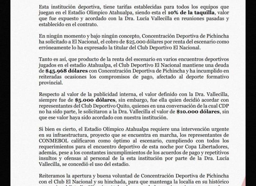 El comunicado oficial de la Concentración Deportiva de Pichincha.