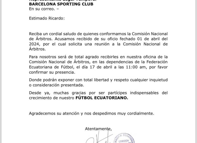 Carta de la Comisión Nacional de Arbitraje (CNA) a Barcelona SC.