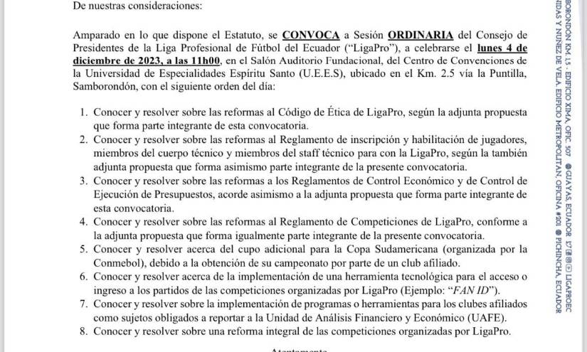 Este es el documento de la orden del día para el Consejo de Presidentes de Liga Pro.