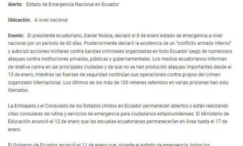 Mensaje para los ciudadanos estadounidenses Estado de emergencia nacional