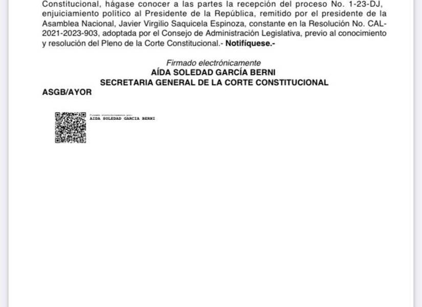 Jueces entregan proyecto de dictamen sobre pedido de juicio político contra Guillermo Lasso