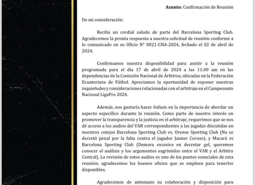 Respuesta de Barcelona SC a la Comisión Nacional de Arbitraje (CNA)