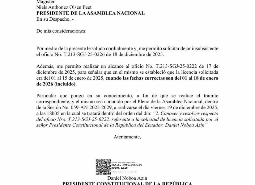 Presidente Daniel Noboa extiende tres días más su pedido de licencia y pasa de 15 a 18